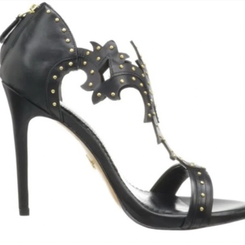 Pour La Victoire Black Leather Heels Studded Open Toe Ankle Straps Women's 7.5